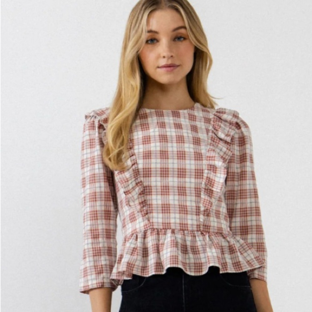 Plaid ruffle detail blouse